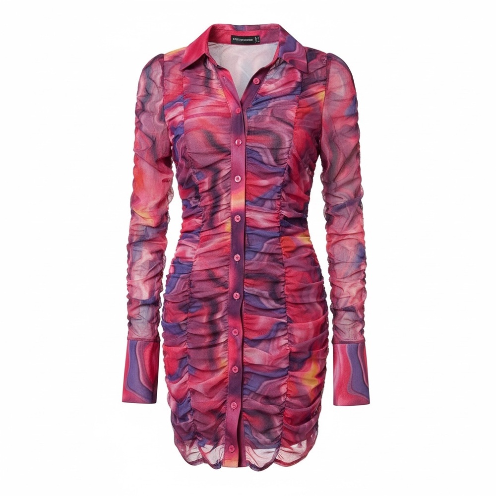 PrettyLittleThing NWT pink abstract mesh ruched mini dress, size 0